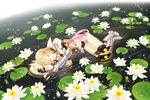  alisha_diphda armor armored_boots boots brown_hair deretta flower gauntlets gloves grey_footwear knee_boots lily_pad lying metal_boots on_side pond side_ponytail sleeping solo tales_of_(series) tales_of_zestiria water 