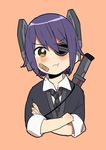  :t bad_id bad_pixiv_id bandaid bandaid_on_face blush collared_shirt crossed_arms eyepatch headgear ishihara_saika kantai_collection looking_at_viewer necktie orange_background pout purple_hair scabbard school_uniform sheath shirt short_hair simple_background sleeves_past_elbows solo tenryuu_(kantai_collection) upper_body white_shirt yellow_eyes 