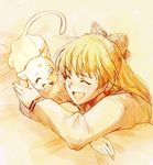  aino_minako artemis_(sailor_moon) bed bishoujo_senshi_sailor_moon blonde_hair blush bow cat closed_eyes crescent crossed_arms facial_mark forehead_mark full-face_blush hair_bow half_updo laughing long_sleeves monochrome one_eye_closed open_mouth tears tsubobot yellow 