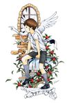  angel_wings arm_support artist_name bad_id bad_pixiv_id bandaid bandaid_on_face blue_sky brick_wall brown_hair building cloud full_body grey_legwear highres kneehighs male_focus marker_(medium) millipen_(medium) noeyebrow_(mauve) original profile ribbed_legwear running_bond shorts sitting sky solo traditional_media white_background window wings 