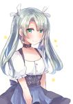  apron blue_apron blush choker cosplay dirndl dress flat_chest german_clothes green_eyes hair_ribbon highres kantai_collection long_hair looking_at_viewer mochiko_(mocchikkoo) ribbon silver_hair simple_background smile solo twintails waist_apron white_background z1_leberecht_maass_(kantai_collection) z1_leberecht_maass_(kantai_collection)_(cosplay) zuikaku_(kantai_collection) 