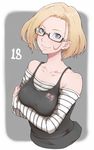  android_18 bespectacled blonde_hair blue_eyes breast_hold breasts character_name dragon_ball dragon_ball_z earrings glasses group_name ina_(gokihoihoi) jewelry long_sleeves looking_at_viewer off-shoulder_shirt semi-rimless_eyewear shirt short_hair smile solo striped under-rim_eyewear upper_body 