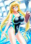  blonde_hair blue_eyes book breasts competition_swimsuit glasses hat i-8_(kantai_collection) kantai_collection large_breasts long_hair masatoki older one-piece_swimsuit peaked_cap solo swimsuit 