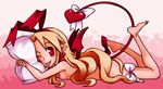  :p areolae bare_legs blonde_hair bow breasts demon_tail demon_wings disgaea earrings flonne flonne_(fallen_angel) jewelry legs_up long_hair lying nyxon on_stomach one_eye_closed pillow pointy_ears puffy_nipples red_eyes red_wings shoe_dangle shoes single_shoe small_breasts smile solo tail tail_bow tongue tongue_out wings 
