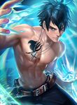  abs banned_artist belt black_hair blue_eyes cowboy_shot cross cross_necklace fairy_tail gray_fullbuster highres ice jewelry magic male_focus navel necklace nipples sakimichan shirtless smirk solo tattoo toned toned_male 
