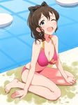  ;d arm_support barefoot bikini blue_eyes blush bow breasts brown_hair cleavage dani-ikapi earrings hair_bow idolmaster idolmaster_million_live! jewelry large_breasts looking_at_viewer navel one_eye_closed open_mouth polka_dot polka_dot_bow ponytail pool satake_minako sitting smile solo swimsuit wet 