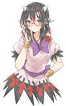  bad_id bad_pixiv_id bespectacled black_hair blush dress glasses hand_on_hip highres horns kijin_seija looking_at_viewer multicolored_hair no_legs puffy_sleeves red-framed_eyewear red_eyes red_hair ribbon sash short_hair short_sleeves simple_background smile solo tomo_futoshi touhou white_background white_hair wrist_cuffs 