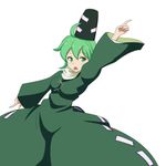  :o ahoge blush breasts cato_(monocatienus) commentary dress green_dress green_eyes green_hair hat index_finger_raised medium_breasts open_mouth pointing saturday_night_fever short_hair simple_background soga_no_tojiko solo tate_eboshi touhou white_background 