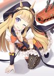 blonde_hair blue_eyes blush bow cagliostro_(granblue_fantasy) cape dress frilled_dress frills granblue_fantasy hairband hood hoodie hyuuga_azuri kneeling layered_dress long_hair looking_at_viewer one_eye_closed print_legwear ribbon short_sleeves smile solo spiked_hairband spikes thighhighs wristband 