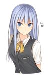  bangs blue_eyes blue_hair blush bow bowtie character_name commentary hatsukaze_(kantai_collection) kanpyou_(hghgkenfany) kantai_collection long_hair looking_at_viewer school_uniform solo straight_hair upper_body vest white_background 