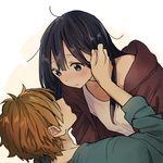  1girl black_hair blue_eyes blush blush_stickers caress couple face-to-face hand_in_another's_hair hetero hood hoodie kitashirakawa_tamako light_brown_hair long_hair looking_at_another lying lying_on_person messy_hair momose_(oqo) on_back ooji_mochizou shirt shirt_slip short_hair tamako_market tareme 