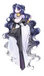  absurdly_long_hair bishoujo_senshi_sailor_moon black_dress breasts cleavage collar crescent crescent_earrings detached_sleeves double_bun dress earrings facial_mark forehead_jewel forehead_mark full_body gradient_hair highres jewelry keomi_syeon large_breasts long_hair multicolored_hair nehelenia_(sailor_moon) purple_hair solo twintails very_long_hair 