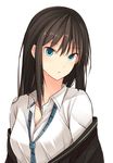  black_hair blue_eyes cardigan clothes_pull commentary_request idolmaster idolmaster_cinderella_girls kanpyou_(hghgkenfany) long_hair looking_at_viewer necktie off_shoulder school_uniform shibuya_rin shirt solo sweat sweater sweater_pull upper_body white_background white_shirt 