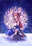  ainy77 bad_id bad_pixiv_id barefoot belt broken_moon chain full_body hair_ornament hair_ribbon horn_ribbon horns ibuki_suika long_hair looking_at_viewer low-tied_long_hair moon orange_hair red_eyes ribbon rock shirt sitting skirt sleeveless smile solo touhou very_long_hair water wrist_cuffs 