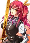  between_breasts breasts choker hair_ribbon large_breasts long_hair looking_at_viewer open_mouth orange_eyes rakudai_kishi_no_cavalry red_hair ribbon solo stella_vermillion sugarbeat sword twintails two_side_up weapon 