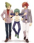  glasses green_hair inazuma_eleven_(series) inazuma_eleven_go jacket kariya_masaki kiyama_hiroto male_focus midorikawa_ryuuji multiple_boys open_mouth pants raimon red_hair riho track_jacket track_pants track_suit walking white_background 