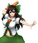  arm_cannon arm_up black_hair blush breasts hair_ornament hair_ribbon highres large_breasts long_hair looking_at_viewer midriff navel no_wings open_mouth oruka_(kamituki0827) outstretched_arm puffy_sleeves red_eyes reiuji_utsuho ribbon shirt short_sleeves simple_background skirt smile solo third_eye touhou weapon white_background 