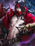  banned_artist black_hair cape cowboy_shot final_fantasy final_fantasy_vii gauntlets glowing glowing_eyes highres long_hair looking_at_viewer male_focus male_pubic_hair navel nipples open_clothes pubic_hair red_cape red_eyes sakimichan solo vincent_valentine 