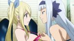  angel_(fairy_tail) bikini blonde_hair bra fairy_tail grey_hair hair_ornament long_hair lucy_heartfilia multiple_girls ribbon smile sweat swimsuit underwear yuri 