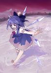  ainy77 bad_id bad_pixiv_id barefoot blue_dress blue_eyes blue_hair cirno dress fang full_body hair_ornament hair_ribbon ice ice_wings mountain open_mouth outstretched_arms puffy_sleeves ribbon short_hair short_sleeves smile solo touhou water wings 