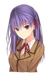  commentary_request fate/stay_night fate_(series) hair_ribbon homurahara_academy_uniform kanpyou_(hghgkenfany) long_hair looking_at_viewer matou_sakura purple_eyes purple_hair ribbon school_uniform smile solo upper_body white_background 