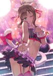  ;3 absurdres animal_ears bare_arms bell blush bow brown_hair cat_ears cat_tail fang fang_out frilled_skirt frills garter_straps green_eyes highres idolmaster idolmaster_cinderella_girls long_hair looking_at_viewer maekawa_miku midriff navel one_eye_closed over_the_collar paw_pose pointing pointing_at_viewer ponytail scrunchie seneto skirt solo tail tail_bow thighhighs wrist_scrunchie 