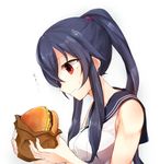  bad_id bad_pixiv_id bare_arms bare_shoulders breasts eating food fuuen_(akagaminanoka) hamburger kantai_collection large_breasts ponytail purple_hair red_eyes school_uniform serafuku shirt sleeveless sleeveless_shirt solo translated upper_body yahagi_(kantai_collection) 