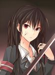  armband black_hair blood blood_on_face brown_eyes collarbone commentary_request hair_tucking kanpyou_(hghgkenfany) katana long_hair looking_at_viewer original school_uniform solo sword upper_body weapon 