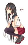  asymmetrical_legwear black_hair breasts brown_eyes commentary_request gloves hair_down hair_tucking kanpyou_(hghgkenfany) kantai_collection large_breasts long_hair looking_at_viewer miniskirt pleated_skirt red_skirt school_uniform serafuku single_thighhigh skirt sleeveless solo squatting thighhighs translated very_long_hair white_background white_gloves yahagi_(kantai_collection) 