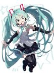  10011018 1girl absurdres aqua_eyes aqua_hair aqua_necktie bare_shoulders black_legwear black_skirt black_sleeves collaboration colorized commentary detached_sleeves floating full_body hair_ornament hatsune_miku hatsune_miku_(vocaloid4) headphones headset highres legs_up long_hair looking_at_viewer miniskirt necktie outstretched_arms pleated_skirt shibatadtm shirt shoulder_tattoo skirt sleeveless sleeveless_shirt solo star_(symbol) tattoo thighhighs twintails v4x very_long_hair vocaloid white_background white_shirt zettai_ryouiki 
