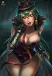  artist_request bare_shoulders breasts cleavage genderswap genderswap_(mtf) green_hair hand_on_neck hat hips large_breasts league_of_legends legs long_hair long_tongue looking_at_viewer personification river solo tahm_kench tongue yellow_eyes 