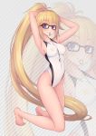  arms_up bangs bare_arms bare_legs bare_shoulders barefoot black-framed_eyewear blonde_hair blue_eyes blush bunching_hair closed_mouth commentary_request competition_swimsuit covered_nipples diagonal-striped_background diagonal_stripes erect_nipples eyebrows_visible_through_hair fate/grand_order fate_(series) glasses hair_between_eyes hair_tie hair_tie_in_mouth high_ponytail highleg highleg_swimsuit jeanne_d&#039;arc_(fate)_(all) jeanne_d&#039;arc_(swimsuit_archer) jeanne_d'arc_(fate) jeanne_d'arc_(fate)_(all) jeanne_d'arc_(swimsuit_archer) kneeling long_hair mouth_hold one-piece_swimsuit ponytail solo striped striped_background swimsuit tying_hair very_long_hair whistle whistle_around_neck white_swimsuit yoshiheihe zoom_layer 