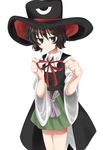  androgynous big_hat black_eyes black_hair detached_sleeves enraku_tsubakura grey_eyes hat jandare len'en ribbon short_hair shorts solo top_hat 