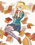  argyle argyle_legwear ayase_eli blonde_hair blue_eyes blue_nails blue_skirt book book_focus book_to_mouth covered_mouth floating floating_book highres holding holding_book kuroka_tori loafers long_hair looking_at_viewer love_live! love_live!_school_idol_festival love_live!_school_idol_project nail_polish pleated_skirt ponytail shoes sidelocks skirt solo thighhighs too_many too_many_books 