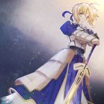  ahoge artoria_pendragon_(all) avalon_(fate/stay_night) blonde_hair excalibur fate/stay_night fate_(series) gauntlets green_eyes planted_sword planted_weapon raminoa saber sheath sheathed solo sword weapon 