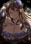  ;) bare_shoulders blue_eyes blush breasts brown_hair cleavage commentary_request elbow_gloves flower gloves granblue_fantasy hair_flower hair_ornament highres jewelry kurosawa_shouichi large_breasts long_hair looking_at_viewer necklace one_eye_closed rosetta_(granblue_fantasy) signature smile solo 
