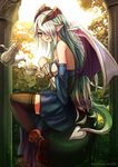  bare_shoulders boots brown_legwear cup demon_tail detached_sleeves green_hair hair_over_one_eye horns ilassa_(elh) lilim_(monster_girl_encyclopedia) long_hair monster_girl monster_girl_encyclopedia original pointy_ears sitting solo sud_(sudea) tail tea teacup teapot thighhighs very_long_hair wings 