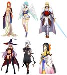  5girls armor black_hair blonde_hair blue_hair breasts character_request dress frilled_skirt frills hat highres japanese_clothes kimono large_breasts long_hair medium_breasts miniskirt multiple_girls ninja orange_hair pointy_ears short_hair skirt sword thighhighs toushin_toshi very_long_hair weapon white_background white_hair witch witch_hat 
