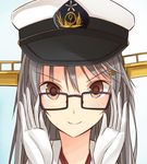  bespectacled brown_eyes closed_mouth commentary_request glasses gloves hair_ornament hairclip haruna_(kantai_collection) hat headgear kanpyou_(hghgkenfany) kantai_collection looking_at_viewer peaked_cap portrait silver_hair smile solo white_gloves 