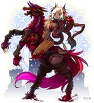  animal_ears aqua_hair ars_goetia barefoot blonde_hair blood character_name cloak crown dark_skin demon_girl gloves gradient_hair horns horse horseback_riding jewelry lion_ears lion_tail looking_at_viewer mechanical multicolored_hair open_mouth original rearing red_eyes red_hair riding sharp_toenails short_hair single_earring snake solo sud_(sudea) tail tattoo thighs toenails translated 