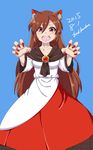  animal_ears artist_name badbamboo blue_background brown_hair claw_pose d: dated dress highres imaizumi_kagerou long_hair looking_at_viewer nail_polish open_mouth red_eyes red_nails simple_background solo touhou v-shaped_eyebrows very_long_hair 