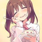  ^_^ blush breasts brown_hair cake closed_eyes collared_shirt ebina_nana food food_on_face fork hand_on_own_cheek happy himouto!_umaru-chan holding holding_fork holding_plate large_breasts long_hair open_mouth plate ribbon shirt smile solo sparkle tam-u twintails wavy_mouth white_shirt 