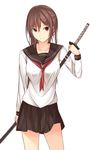  brown_eyes brown_hair commentary_request hair_ornament hairclip kanpyou_(hghgkenfany) katana long_hair looking_at_viewer neckerchief original pleated_skirt school_uniform serafuku skirt smile solo sword weapon white_background 