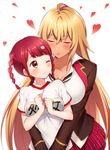  ahoge bad_id bad_pixiv_id blonde_hair blush brown_hair cat_hair_ornament closed_eyes gym_uniform hair_ornament heart hug hug_from_behind iwaoka_(sikabanenomiti_park) long_hair looking_back multiple_girls one_eye_closed red_hair school_uniform shikishima_mirei tokonome_mamori valkyrie_drive valkyrie_drive_-mermaid- very_long_hair yuri 