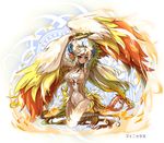  armpits arms_up ars_goetia bird blonde_hair character_name claws dark_skin feathered_wings feathers fire gradient_hair halo harpy heterochromia horns kneeling long_hair looking_at_viewer monster_girl multicolored_hair no_nipples original personification phoenix red_eyes solo sud_(sudea) tail tail_feathers two-tone_hair very_long_hair white_hair wings yellow_eyes 