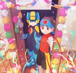  2boys :o artist_name blue_footwear blue_gloves bodysuit boots brown_eyes brown_hair colorful confetti dated door elbow_gloves flower gloves green_eyes happy_birthday headband helmet highres hikari_netto male_focus multiple_boys opening_door rockman rockman_exe rockman_exe_(character) room rose sakino_(sanodon) shorts spiked_hair standing surprised vest 