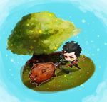  absurdres ahoge black_hair boar chibi fate/zero fate_(series) gae_buidhe gae_dearg highres hiyo_(momogogo34) lancer_(fate/zero) male_focus polearm spear tree weapon 