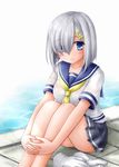 blue_eyes blush breasts gloves gloves_removed hair_ornament hair_over_one_eye hairclip hamakaze_(kantai_collection) hands_clasped highres interlocked_fingers kantai_collection kotowari_(newtype_kenkyuujo) large_breasts leg_hug looking_at_viewer miniskirt no_legwear own_hands_together pleated_skirt school_uniform serafuku short_hair short_sleeves silver_hair sitting skirt smile solo water white_gloves 