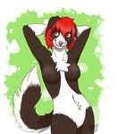  anthro brown_fur canine featureless_breasts featureless_crotch female fur green_background hair hands_behind_head invalid_tag mammal navel red_hair sapphynhoa simple_background smile solo three-quarter_portrait white_background 