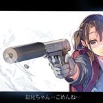  bag brown_hair casing_ejection colt_1908 crying daito gloves gun handgun original ponytail ribbon school_bag shaded_face shell_casing silver_eyes smoke smoking_gun solo suppressor tears translated weapon 